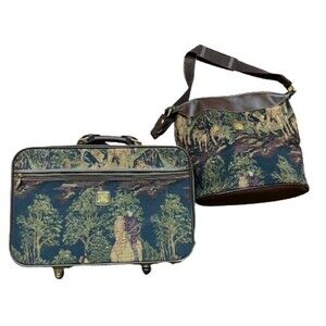 Capezio Collection VTG Fox Hunt Brown Leather Tapestry Travel Luggage Set